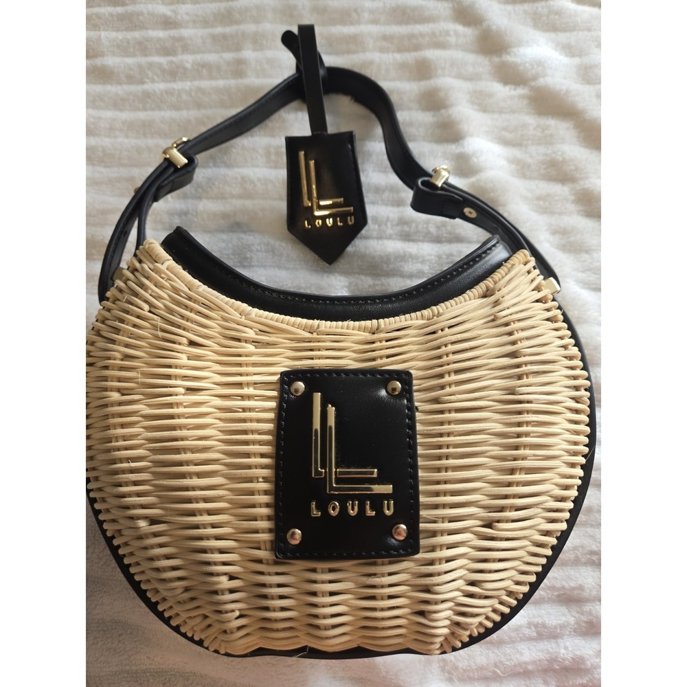 Loulu Woven Mini Wicker Bag Blk Faux Leather Trim Top Handle Crossbody Strap (F)